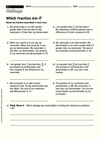 Which Fraction Am I? Worksheet