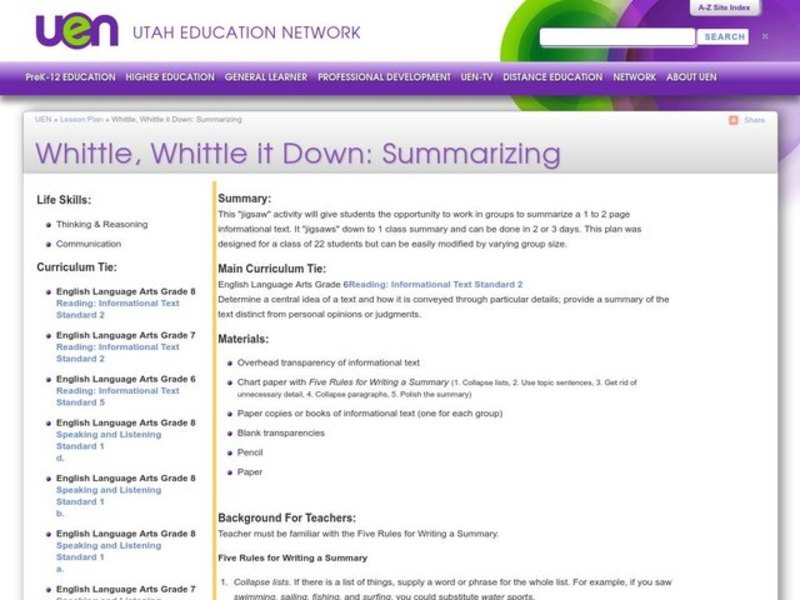 Whittle, Whittle it Down: Summarizing Lesson Plan