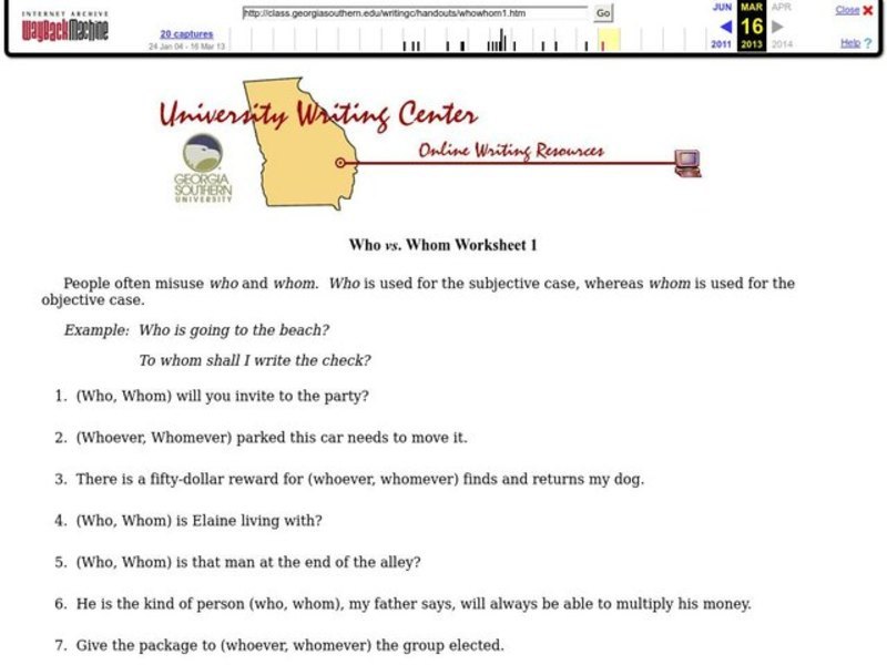 Who vs. Whom Worksheet 1 Worksheet