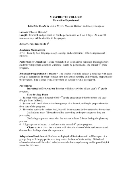 Who's a Hoosier? Lesson Plan