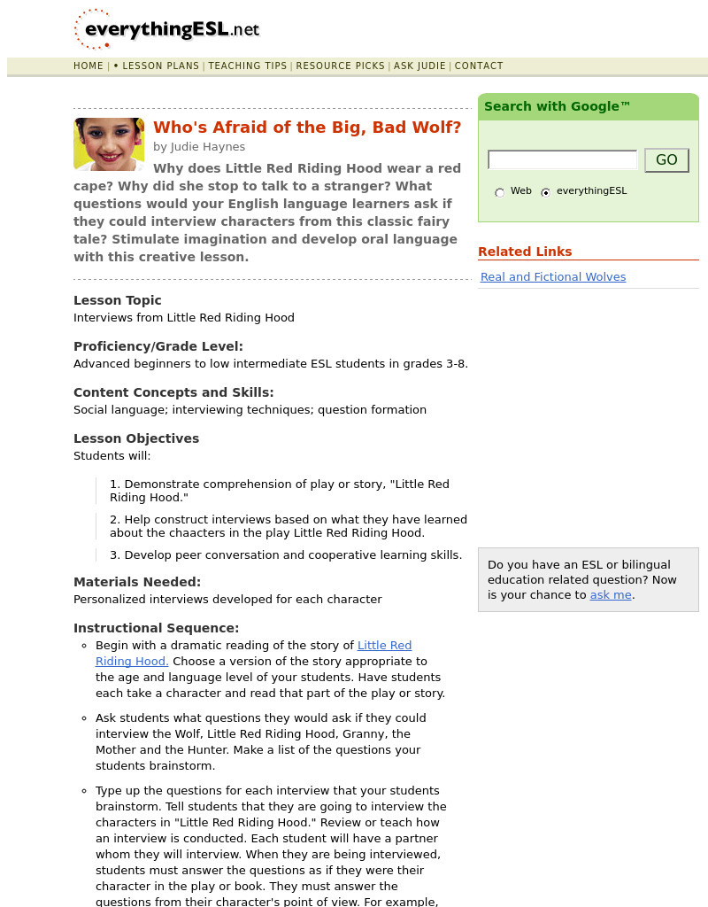 Who's Afraid of the Big, Bad Wolf? Lesson Plan