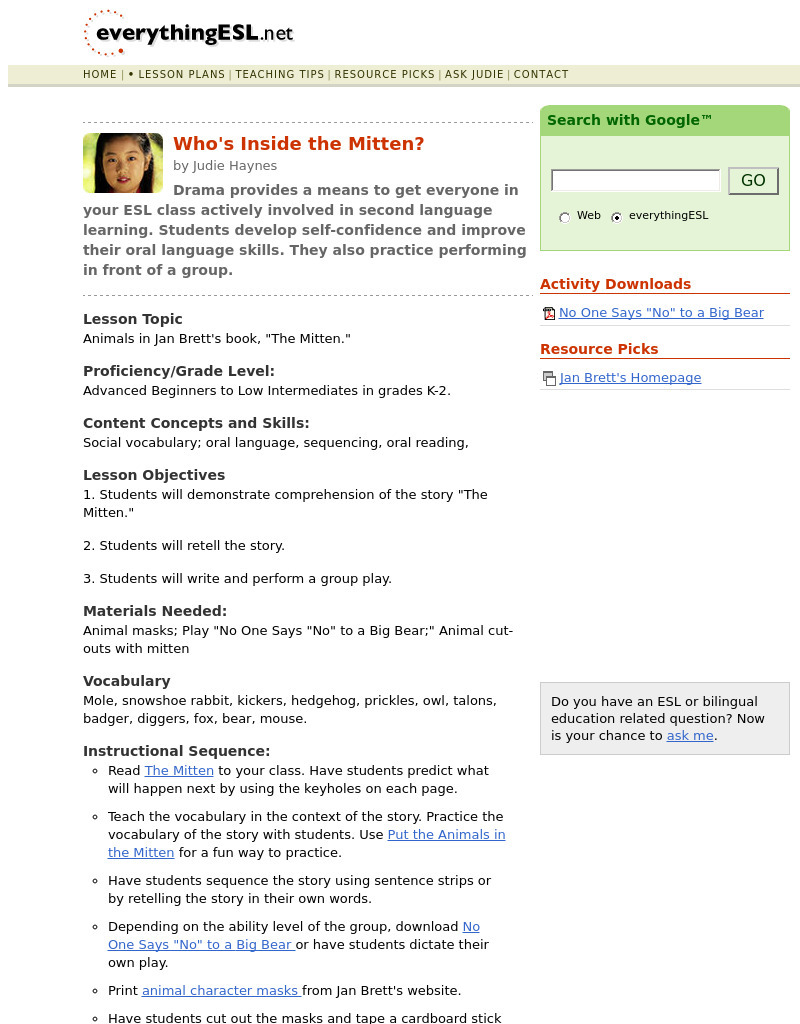 Who's Inside the Mitten? Lesson Plan