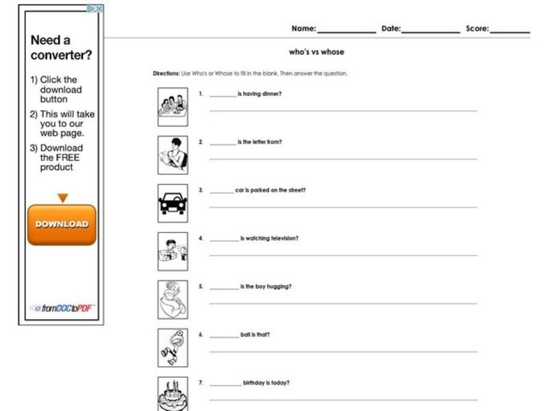 Who's vs. Whose Worksheet