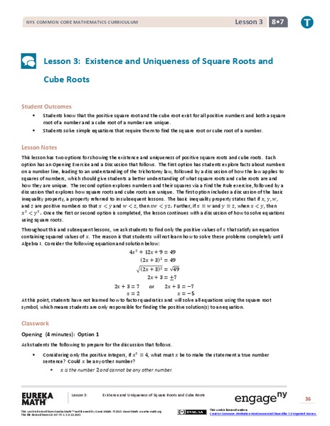 Existence and Uniqueness of Square Roots and Cube Roots Lesson Plan