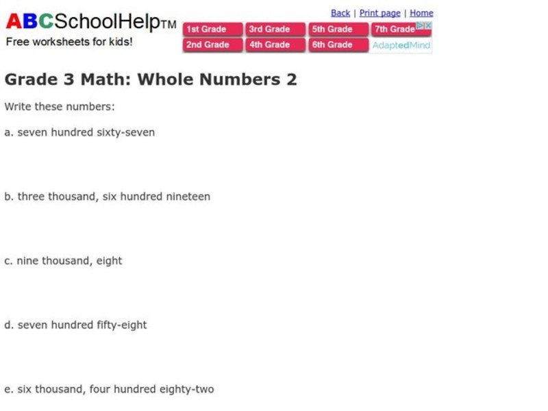 Whole Numbers Worksheet
