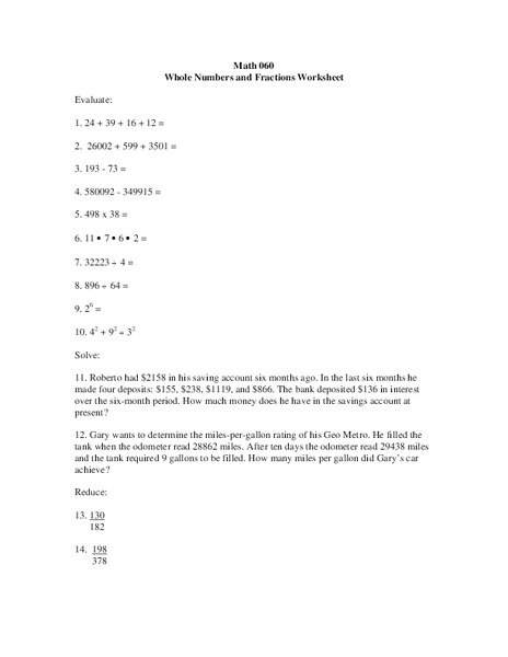 Whole Numbers and Fractions Worksheet