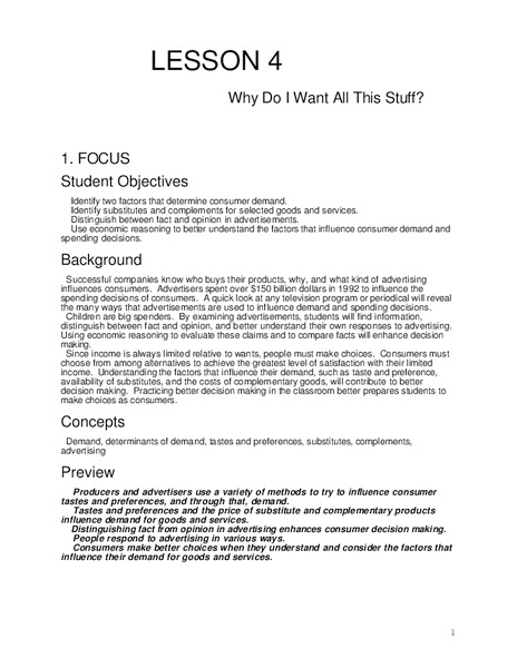 Why Do I Want All This Stuff? Lesson Plan