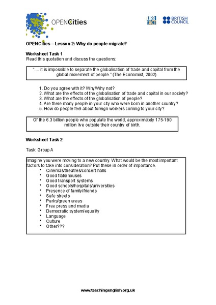 Why Do People Migrate? Worksheet