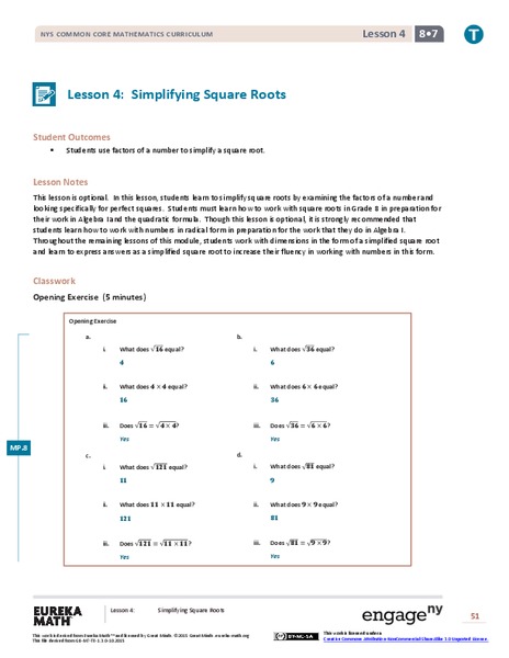 Simplifying Square Roots Lesson Plan