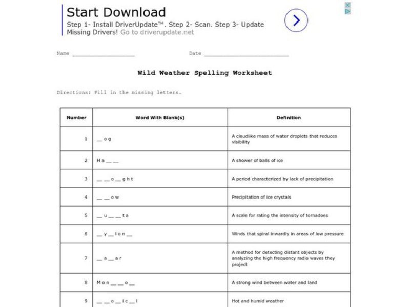 Wild Weather Spelling  Worksheet
