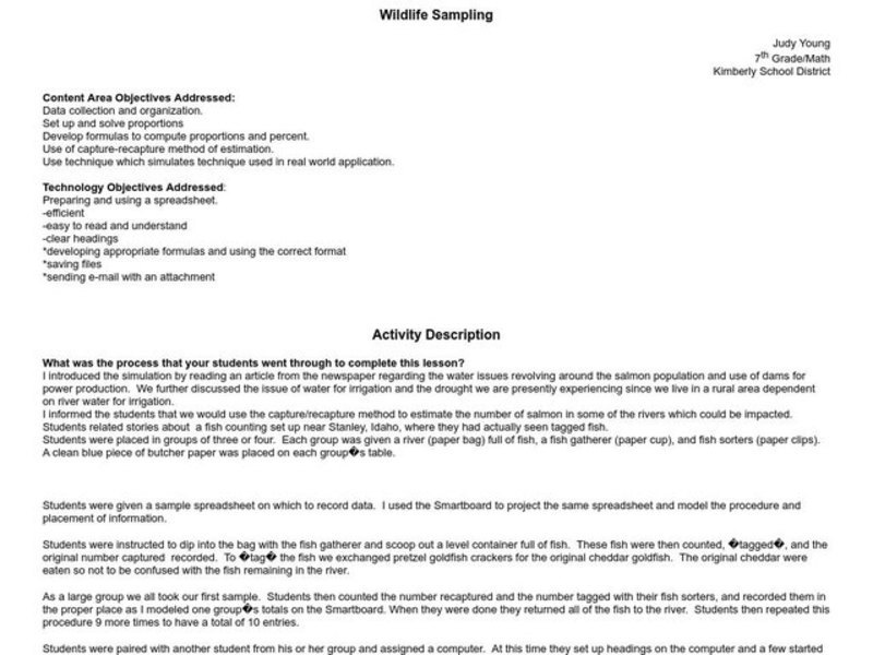 Wildlife Sampling Lesson Plan