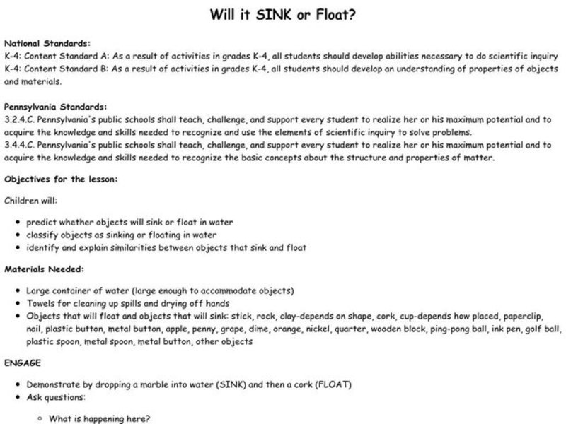 Will it SINK or Float? Lesson Plan