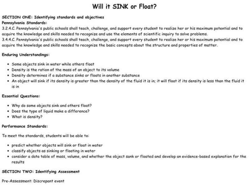 Will It Sink Or Float? Lesson Plan