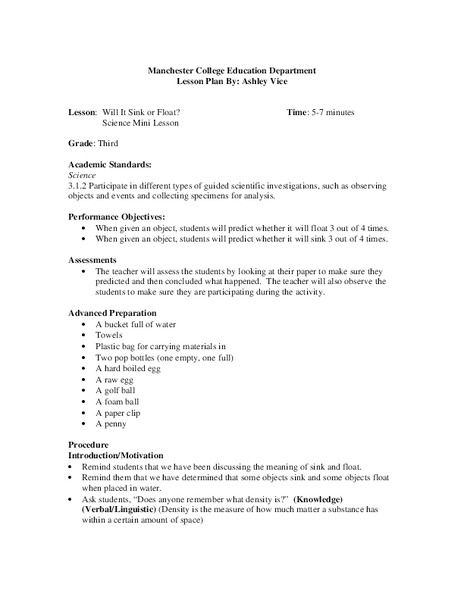 Will It Sink or Float? Lesson Plan