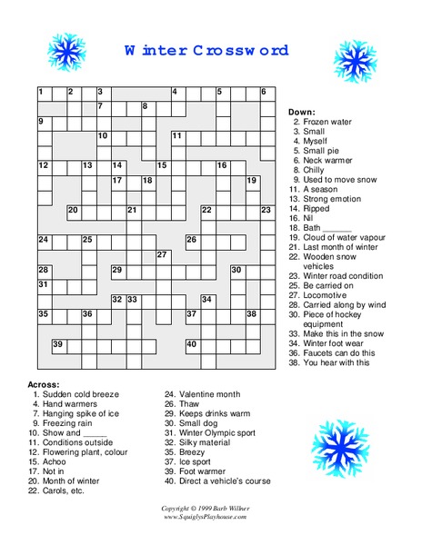 Winter Crossword Worksheet
