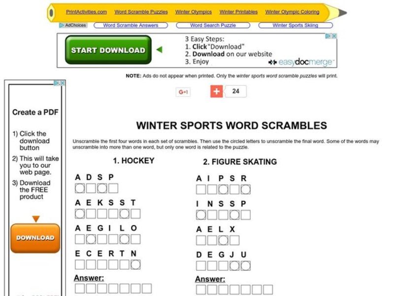 Winter Sports Word Jumbles Worksheet