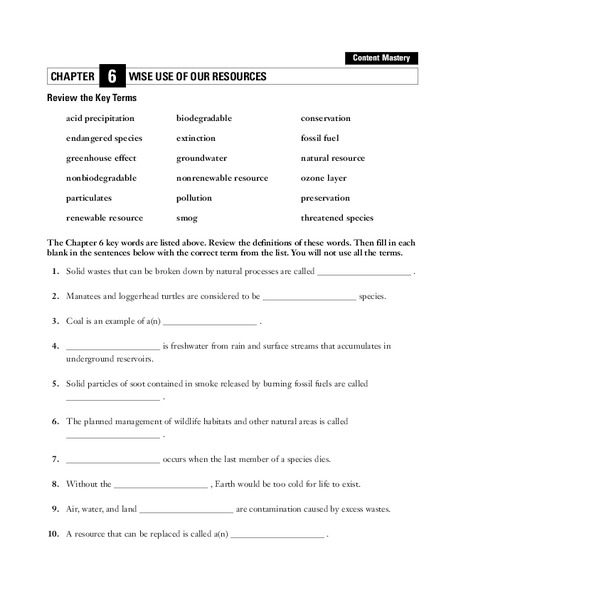 Wise Use of Our Resources Worksheet