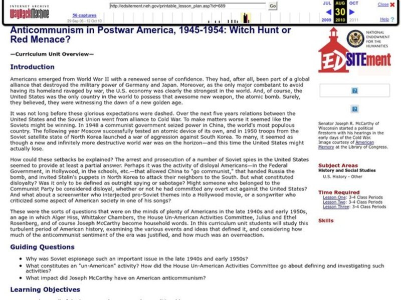 Witch Hunt or Red Menace? Anticommunism in Postwar America, 1945-1954 Lesson Plan