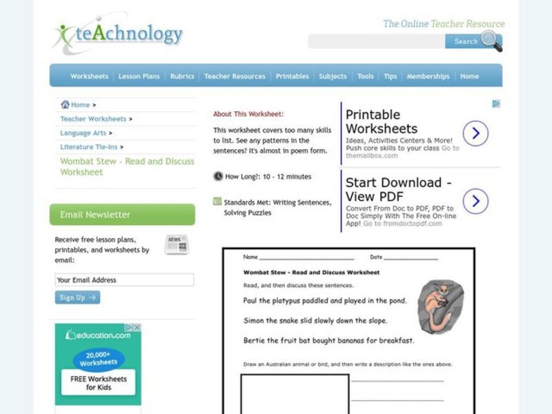 Wombat Stew Worksheet