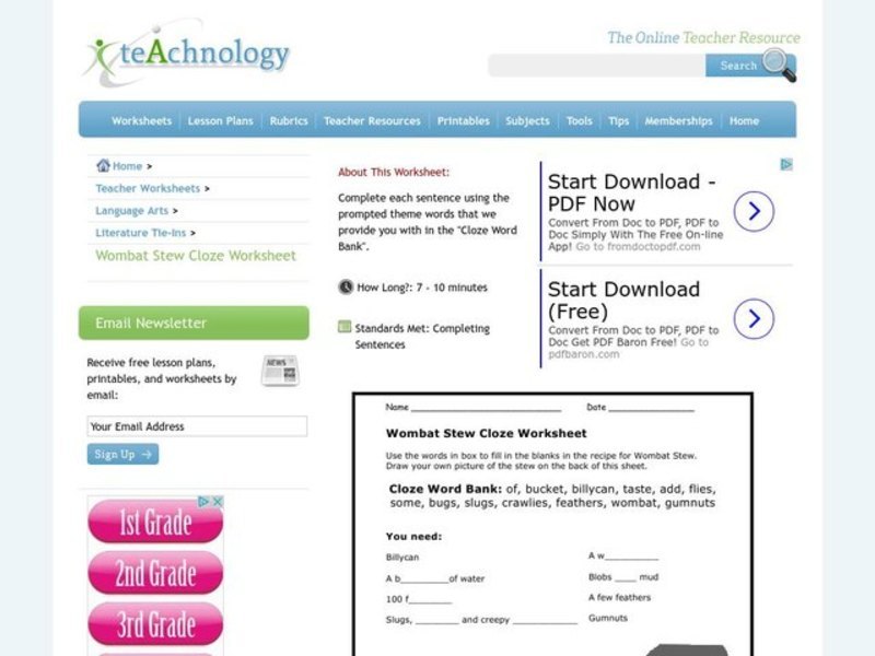 Wombat Stew Worksheet