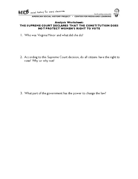 Analysis Worksheet: The Supreme Court Declares that the Constitution Does Not Protect Women's Right to Vote Worksheet