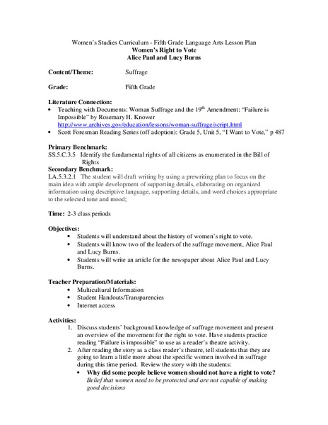 Women's Right To Vote Lesson Plan