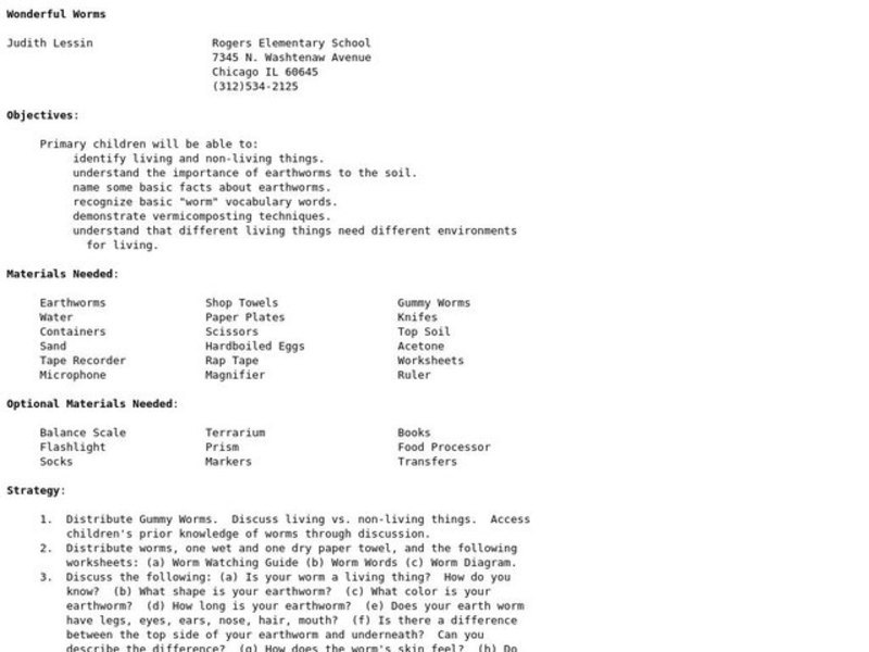 Wonderful Worms Lesson Plan