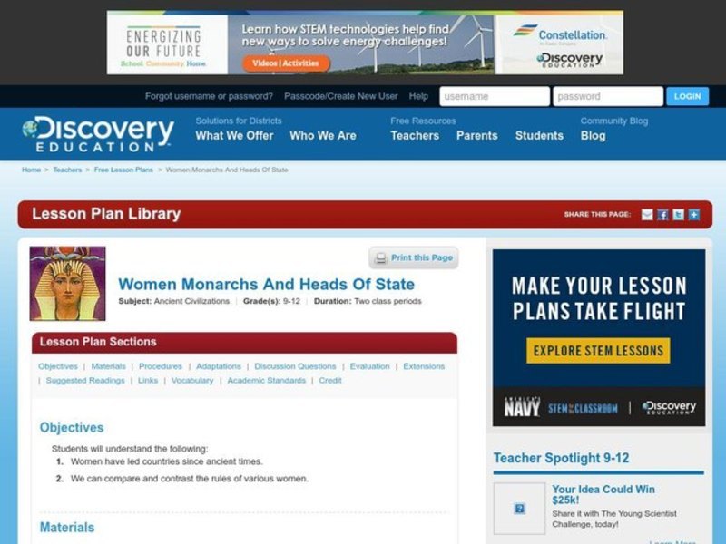 Women Monarchs And Heads Of State Lesson Plan