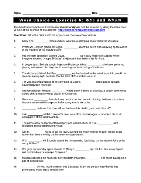 Word Choice: Who and Whom Worksheet