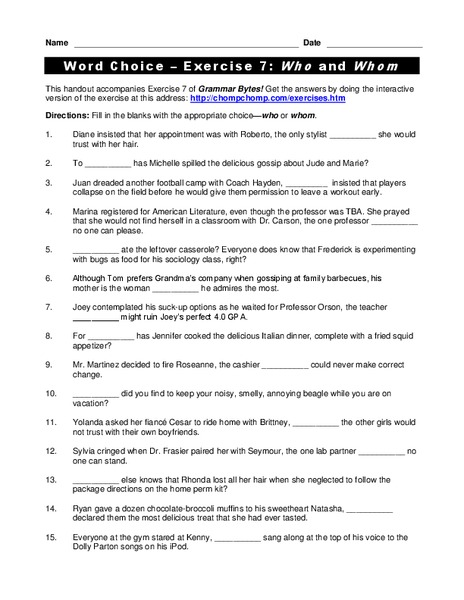 Word Choice: Who and Whom Worksheet