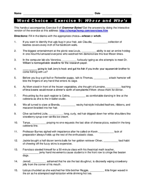 Word Choice: Whose and Who's Worksheet