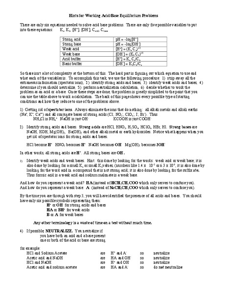 Acid/Base Equilibrium Problems Worksheet