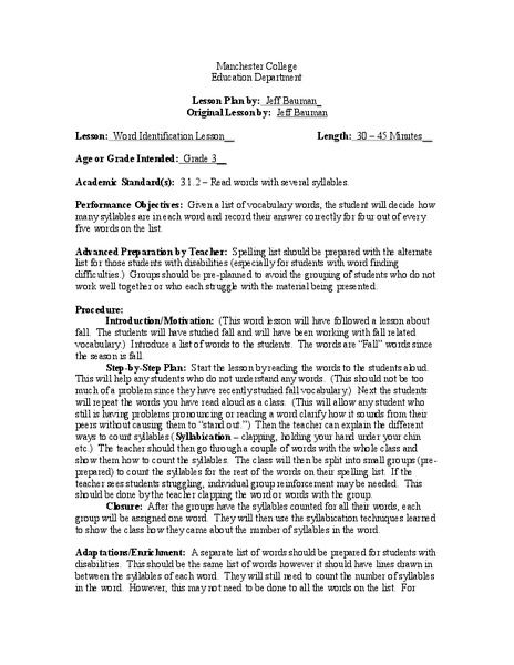 Word Identification Lesson Lesson Plan