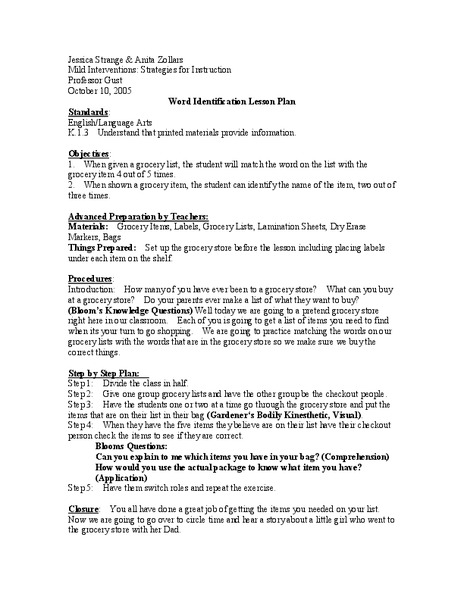 Word Identification Lesson Plan