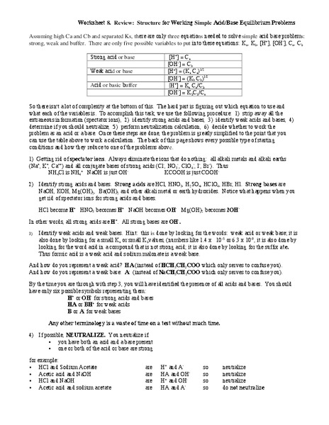 Acid/Base Equilibrium Problems Worksheet