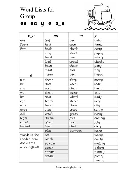 Word Lists Worksheet