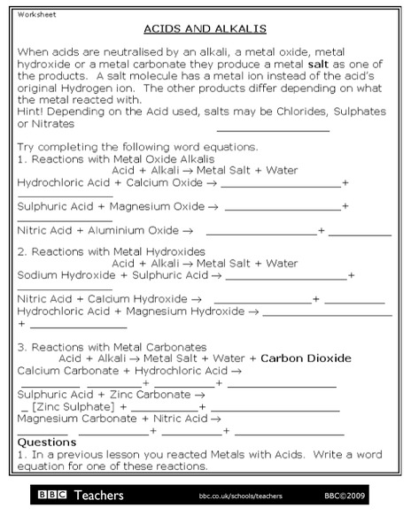 Acids and Alkalis Worksheet