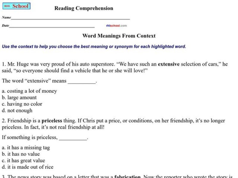 Word Meaning From Context Worksheet