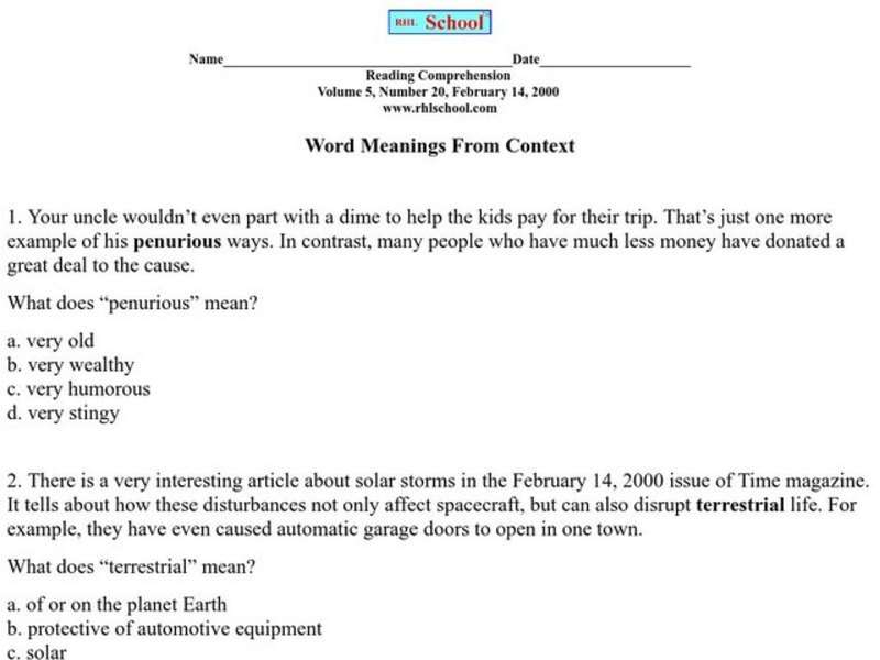 Word Meanings From Context Worksheet
