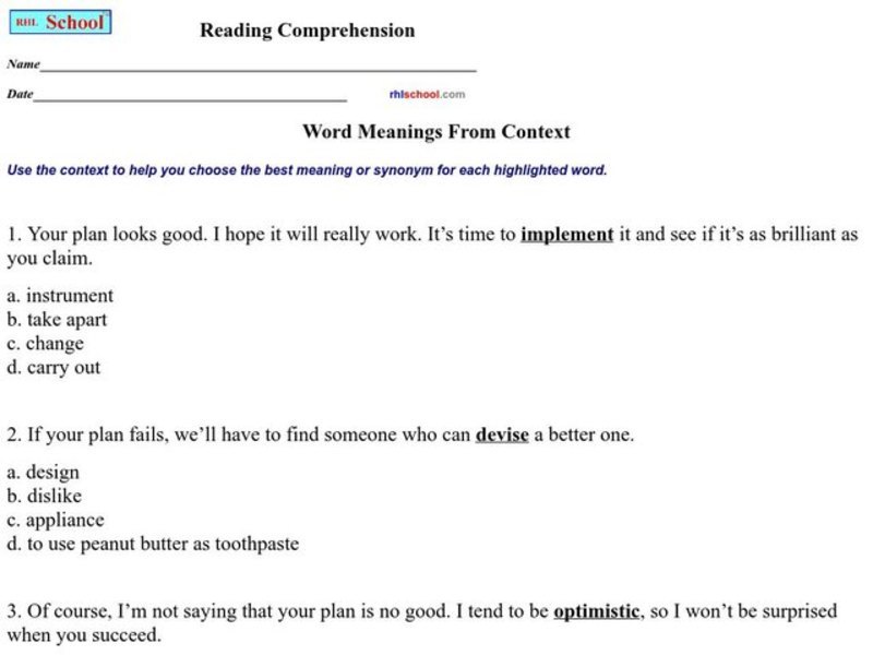 Word Meanings From Context Worksheet