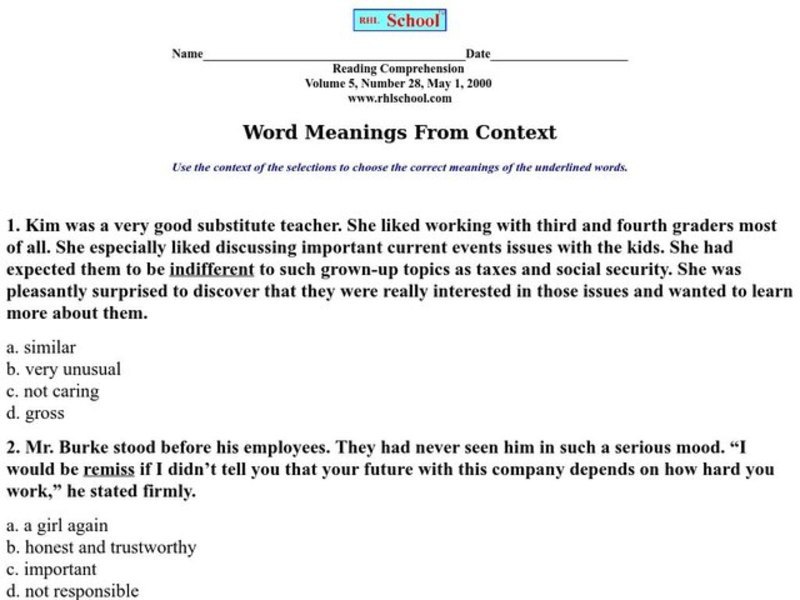 Word Meanings From Context Worksheet