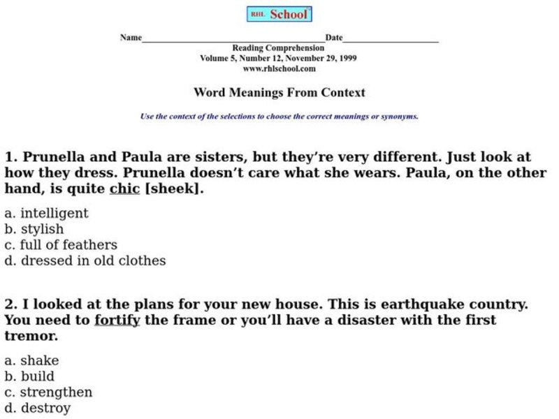 Word Meanings From Context Worksheet
