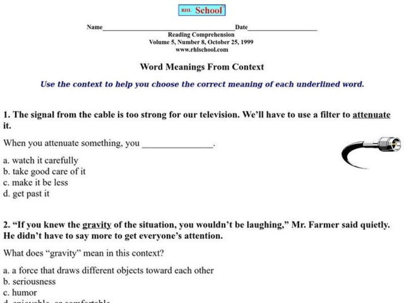 Word Meanings From Context Worksheet