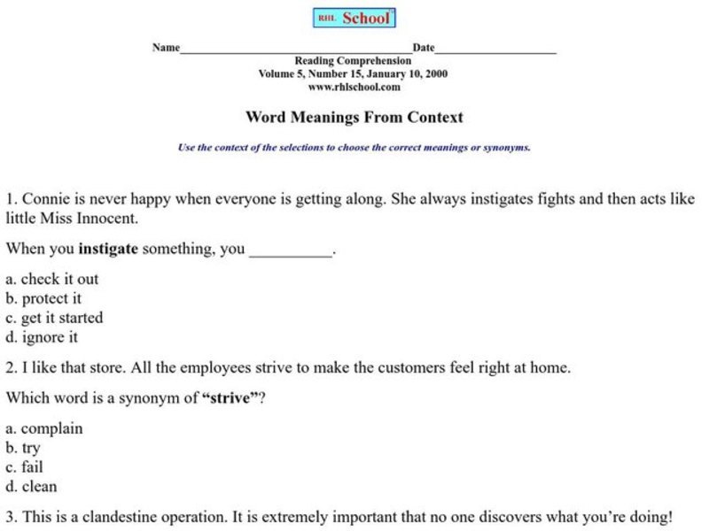 Word Meanings From Context Worksheet