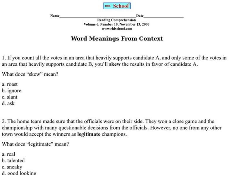 Word Meanings From Context Worksheet