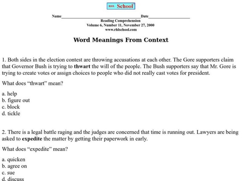 Word Meanings From Context Worksheet