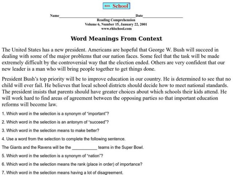 Word Meanings From Context Worksheet