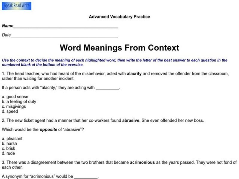 Word Meanings From Context Worksheet