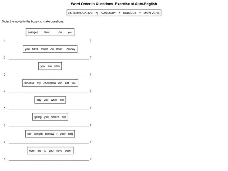 Word Order in Questions Exercise Worksheet