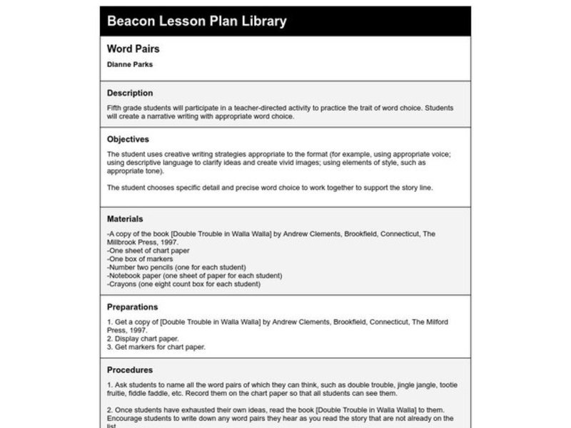 Word Pairs Lesson Plan